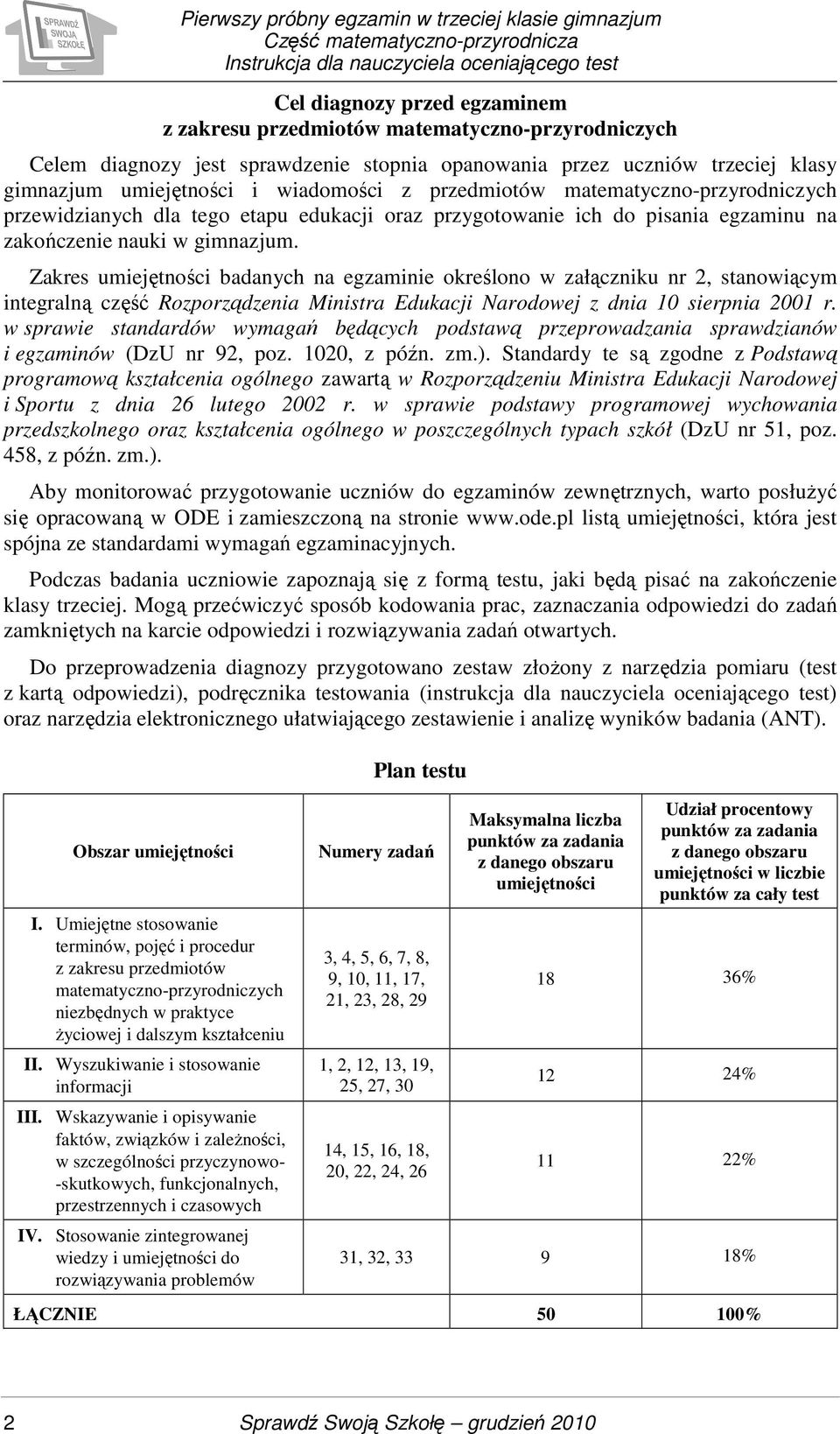 Zakres umiejętności badanych na egzaminie określono w załączniku nr 2, stanowiącym integralną część Rozporządzenia Ministra Edukacji Narodowej z dnia 10 sierpnia 2001 r.