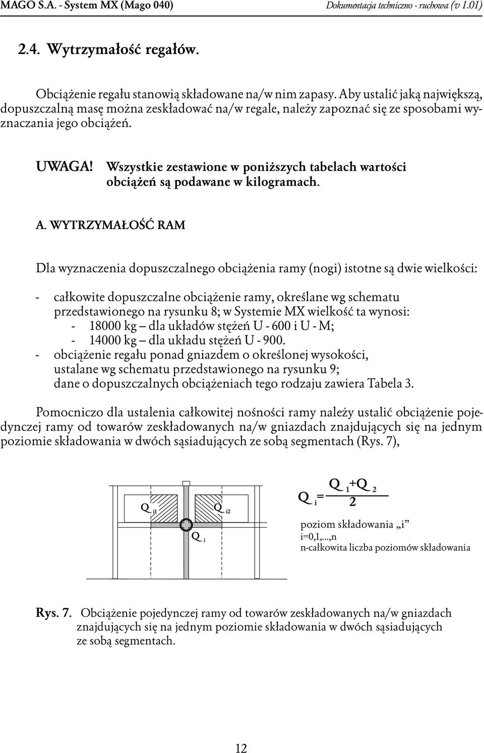 Wszystkie zestawione w poniższych tabelach wartości obciążeń są podawane w kilogramach. A.