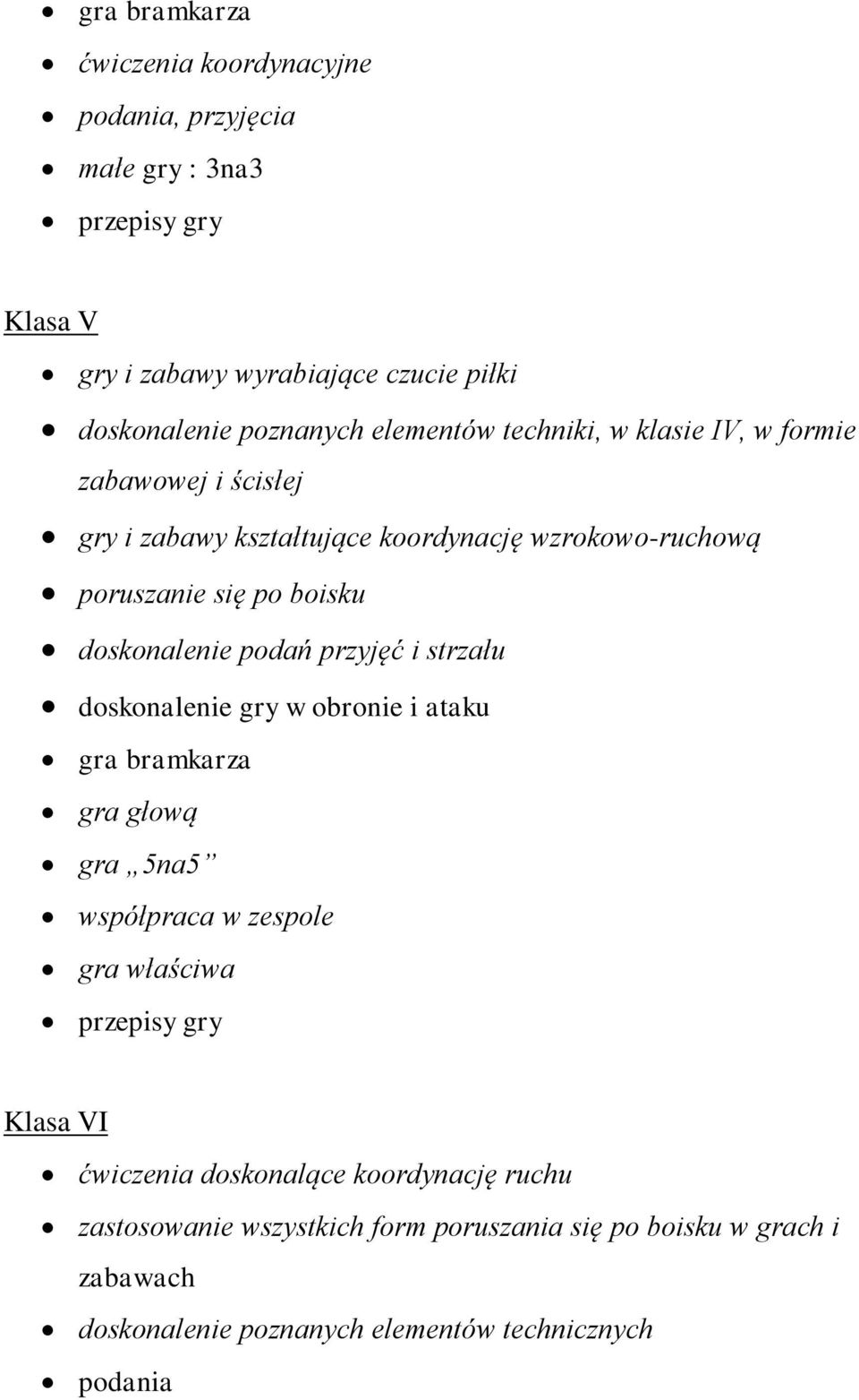 doskonalenie podań przyjęć i strzału doskonalenie gry w obronie i ataku gra bramkarza gra głową gra 5na5 współpraca w zespole gra właściwa Klasa VI