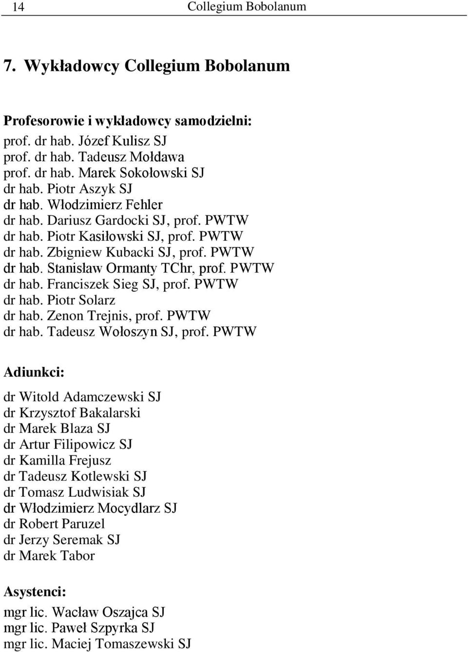 PWTW dr hab. Franciszek Sieg SJ, prof. PWTW dr hab. Piotr Solarz dr hab. Zenon Trejnis, prof. PWTW dr hab. Tadeusz Wołoszyn SJ, prof.