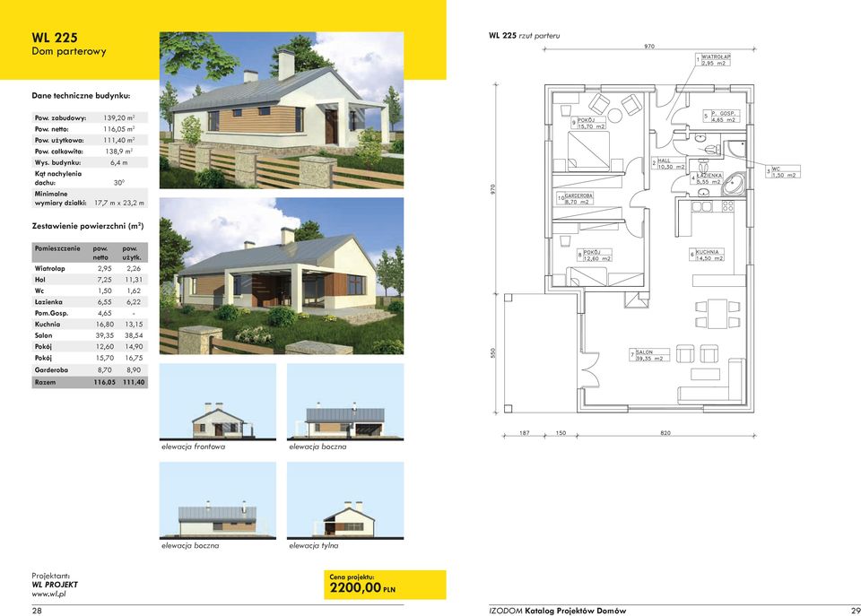 całkowita: 138,9 m 2 6,4 m dachu: 30 0 wymiary działki: 17,7 m x 23,2 m Wiatrołap 2,95 2,26 Hol 7,25 11,31 Wc
