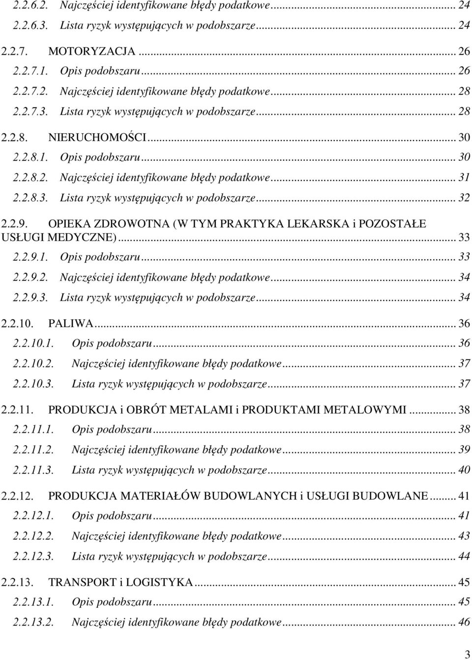 .. 32 OPIEKA ZDROWOTNA (W TYM PRAKTYKA LEKARSKA i POZOSTAŁE USŁUGI MEDYCZNE)... 33 Opis podobszaru... 33 Najczęściej identyfikowane błędy podatkowe... 34 Lista ryzyk występujących w podobszarze.