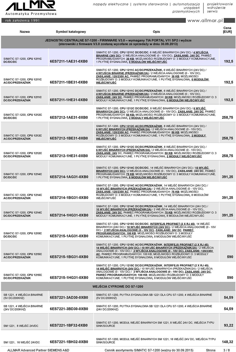 KOMUNIKACYJNE, 1 PŁYTKĘ SYGNAŁOWĄ, 0 MODUŁÓW WEJŚĆ/WYJŚĆ 192,5 6ES7211-1BE31-0XB0, 6 WEJŚĆ BINARNYCH (24V DC) / 4 WYJŚCIA BINARNE (PRZEKAŹNIK/2A) / 2 WEJŚCIA ANALOGOWE (0-10V DC), ZASILANIE: 120/230V