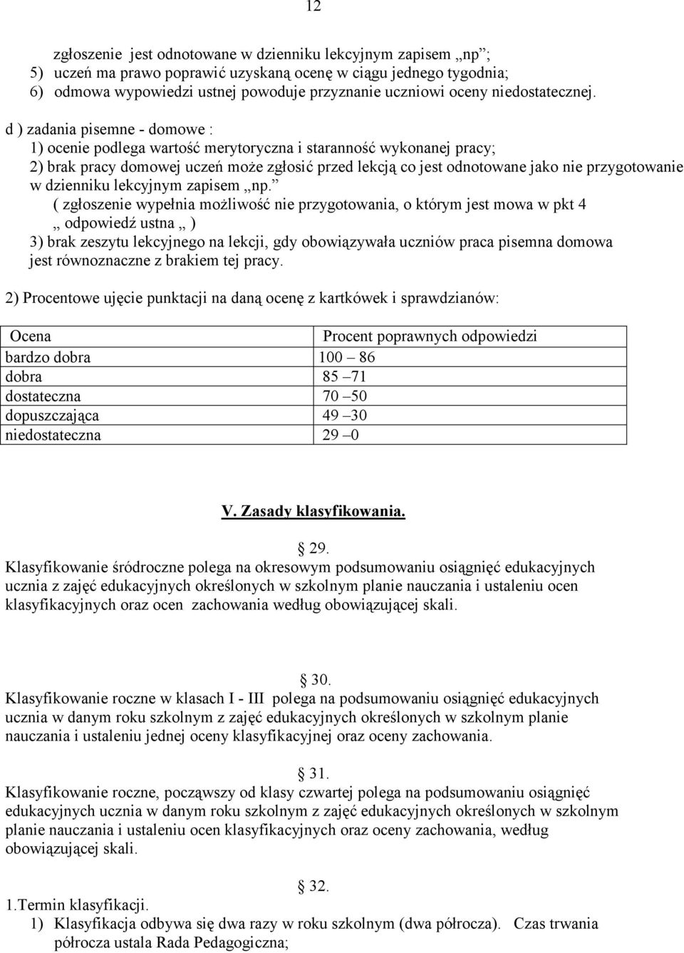 d ) zadania pisemne - domowe : 1) ocenie podlega wartość merytoryczna i staranność wykonanej pracy; 2) brak pracy domowej uczeń może zgłosić przed lekcją co jest odnotowane jako nie przygotowanie w