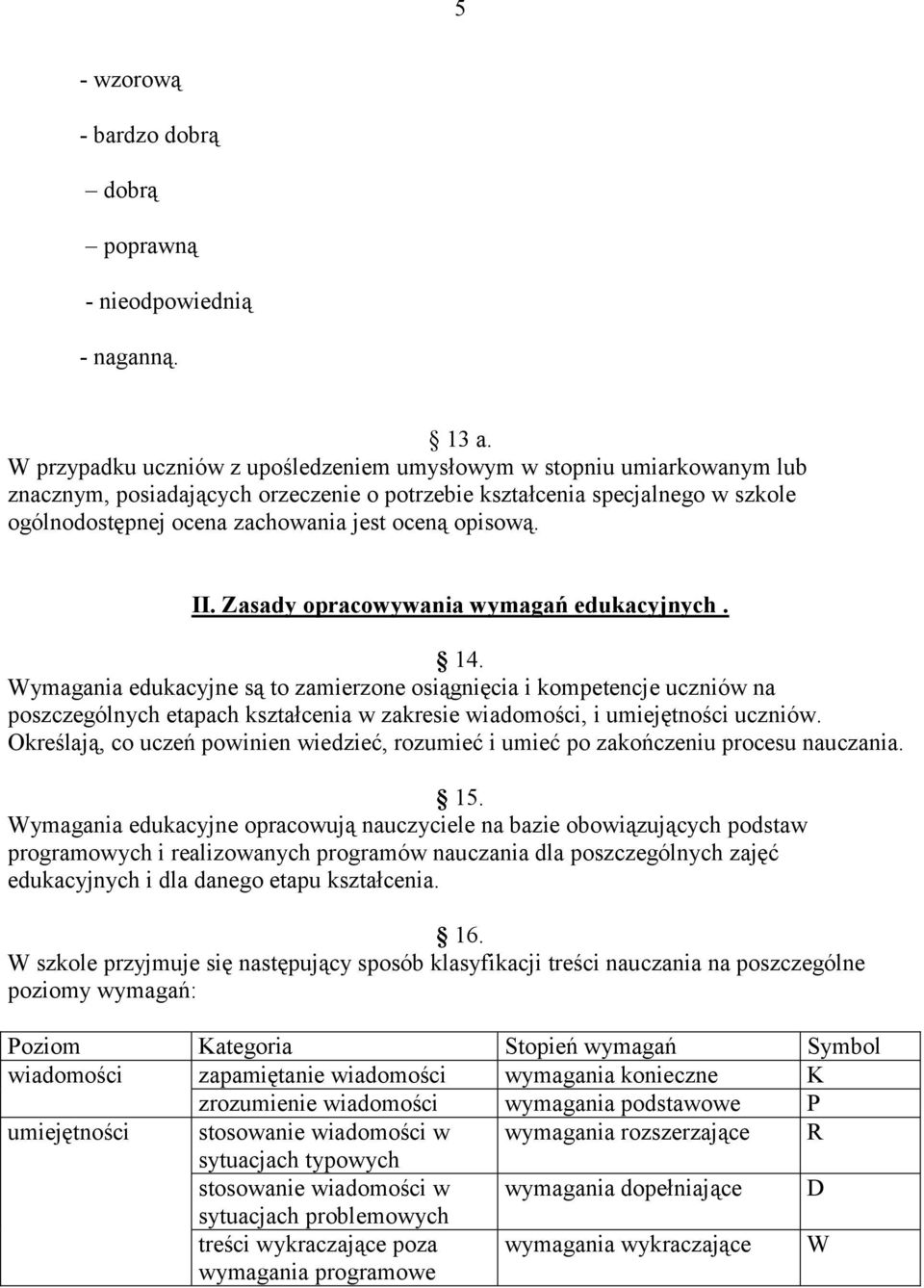 opisową. II. Zasady opracowywania wymagań edukacyjnych. 14.