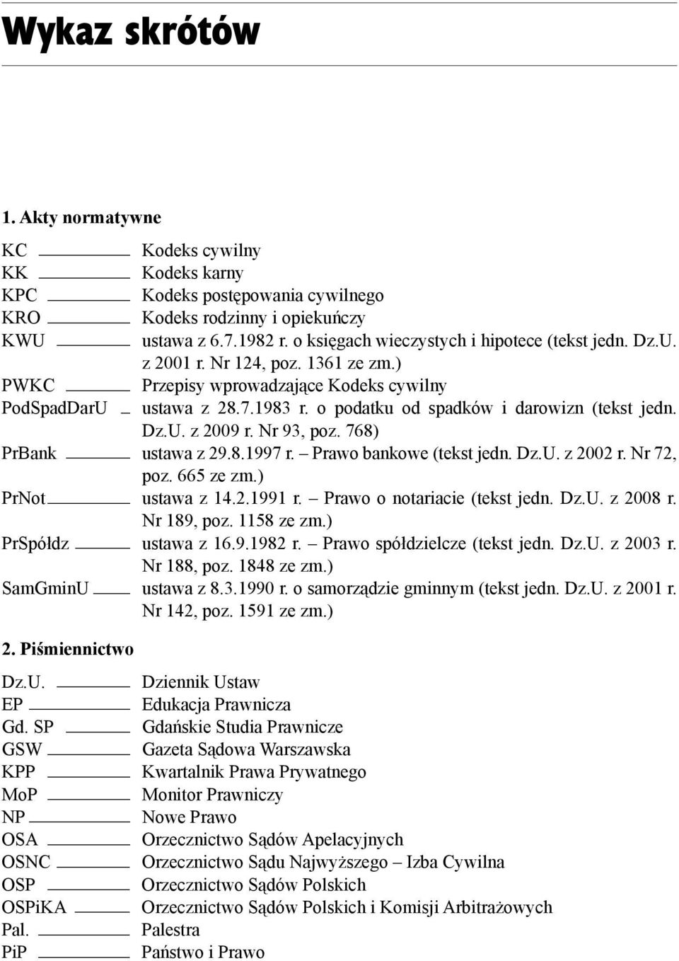 o podatku od spadków i daro wizn (tekst jedn. Dz.U. z 2009 r. Nr 93, poz. 768) PrBank ustawa z 29.8.1997 r. Prawo bankowe (tekst jedn. Dz.U. z 2002 r. Nr 72, poz. 665 ze zm.) PrNot ustawa z 14.2.1991 r.