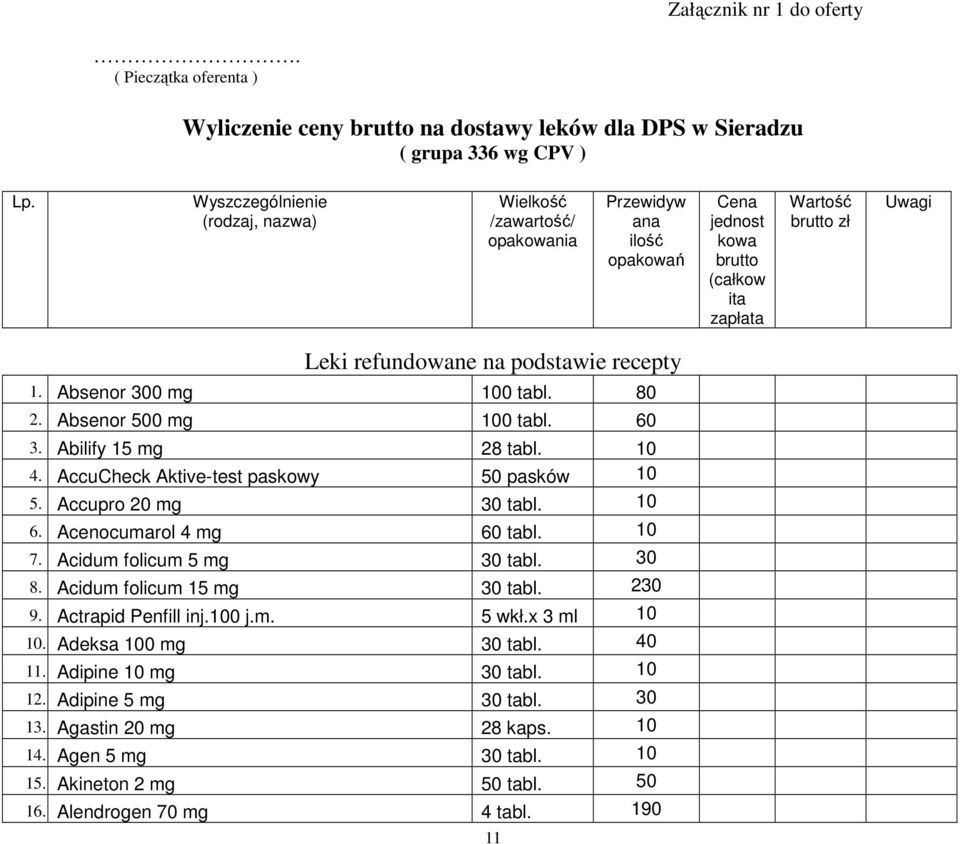 recepty 1. Absenor 300 mg 0 tabl. 80 2. Absenor 500 mg 0 tabl. 60 3. Abilify 15 mg 28 tabl. 4. AccuCheck Aktive-test paskowy 50 pasków 5. Accupro 20 mg 30 tabl. 6. Acenocumarol 4 mg 60 tabl. 7.