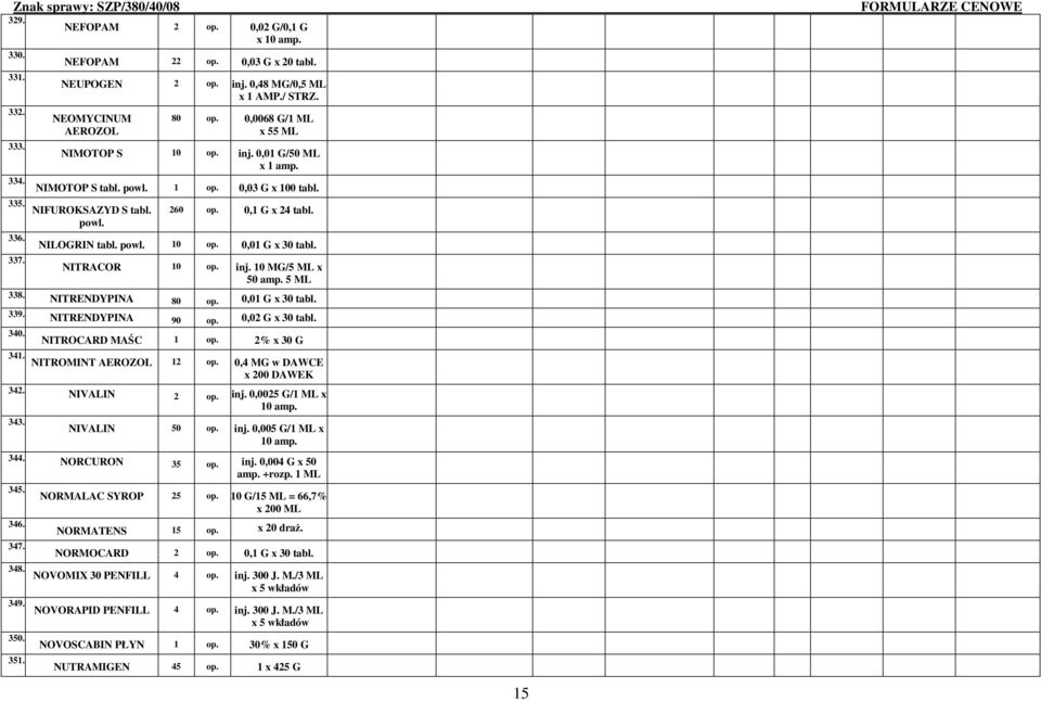NITRACOR 10 op. inj. 10 MG/5 ML x 50 amp. 5 ML 338. NITRENDYPINA 80 op. 0,01 G x 30 tabl. 339. NITRENDYPINA 90 op. 0,02 G x 30 tabl. 340. 341. NITROCARD MAŚC 1 op. 2% x 30 G NITROMINT AEROZOL 12 op.