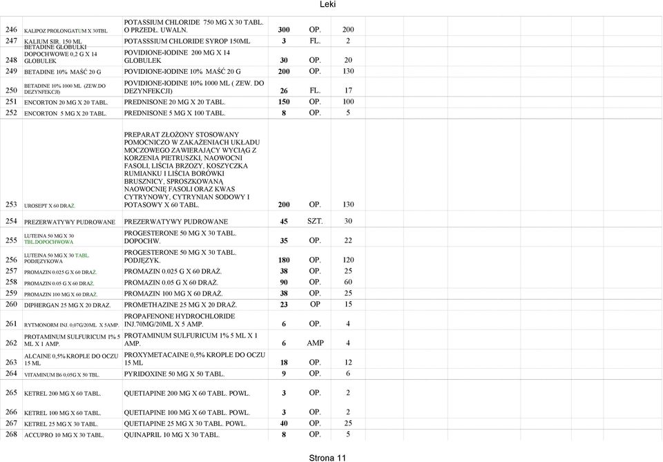 130 250 BETADINE 10% 1000 ML (ZEW.DO POVIDIONE-IODINE 10% 1000 ML ( ZEW. DO DEZYNFEKCJI) DEZYNFEKCJI) 26 FL. 17 251 ENCORTON 20 MG X 20 TABL. PREDNISONE 20 MG X 20 TABL. 150 OP.