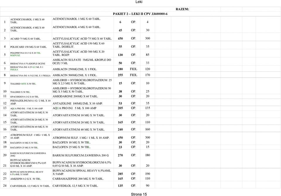 3 G X 20 TBL ACETYLSALICYLIC ACID 300 MG X 20 5 TABL. ROZP. 130 OP. 85 ROZPUSZ. AMIKACIN SULFATE 3MG/ML KROPLE DO 6 OCZU 5 ML 50 OP. 33 BIODACYNA 0.3% KROPLE OCZNE BIODACYNA INJ. 0.25 G/2 ML X 1 FIOLKA 7 AMIKACIN 250MG/2ML X 1 FIOL.