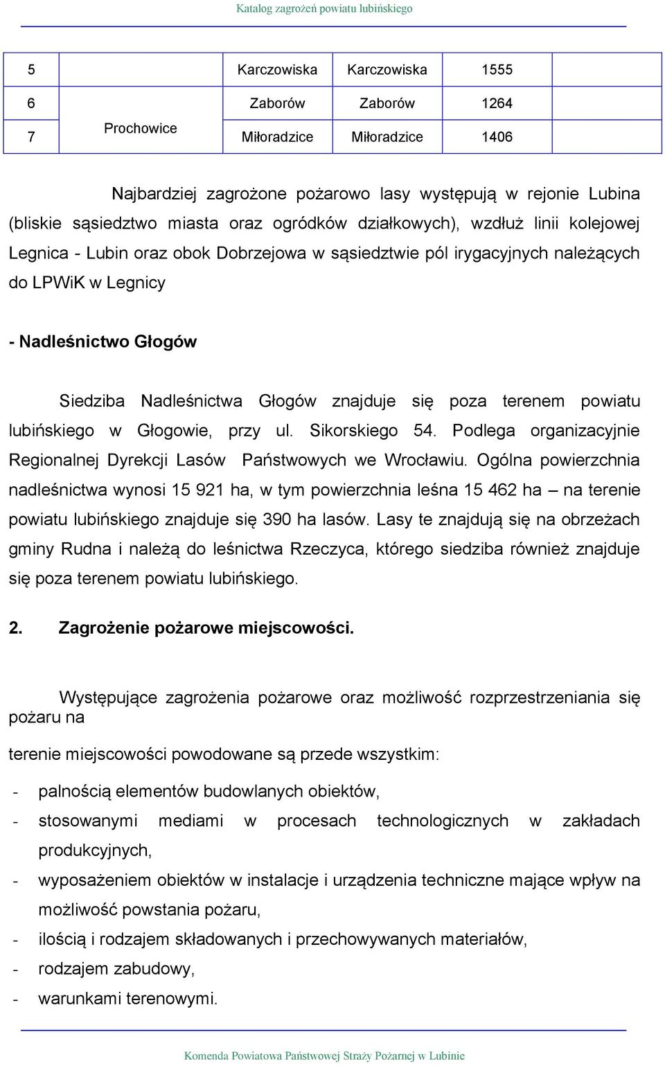 poza terenem powiatu lubińskiego w Głogowie, przy ul. Sikorskiego 54. Podlega organizacyj Regionalnej Dyrekcji Lasów Państwowych we Wrocławiu.