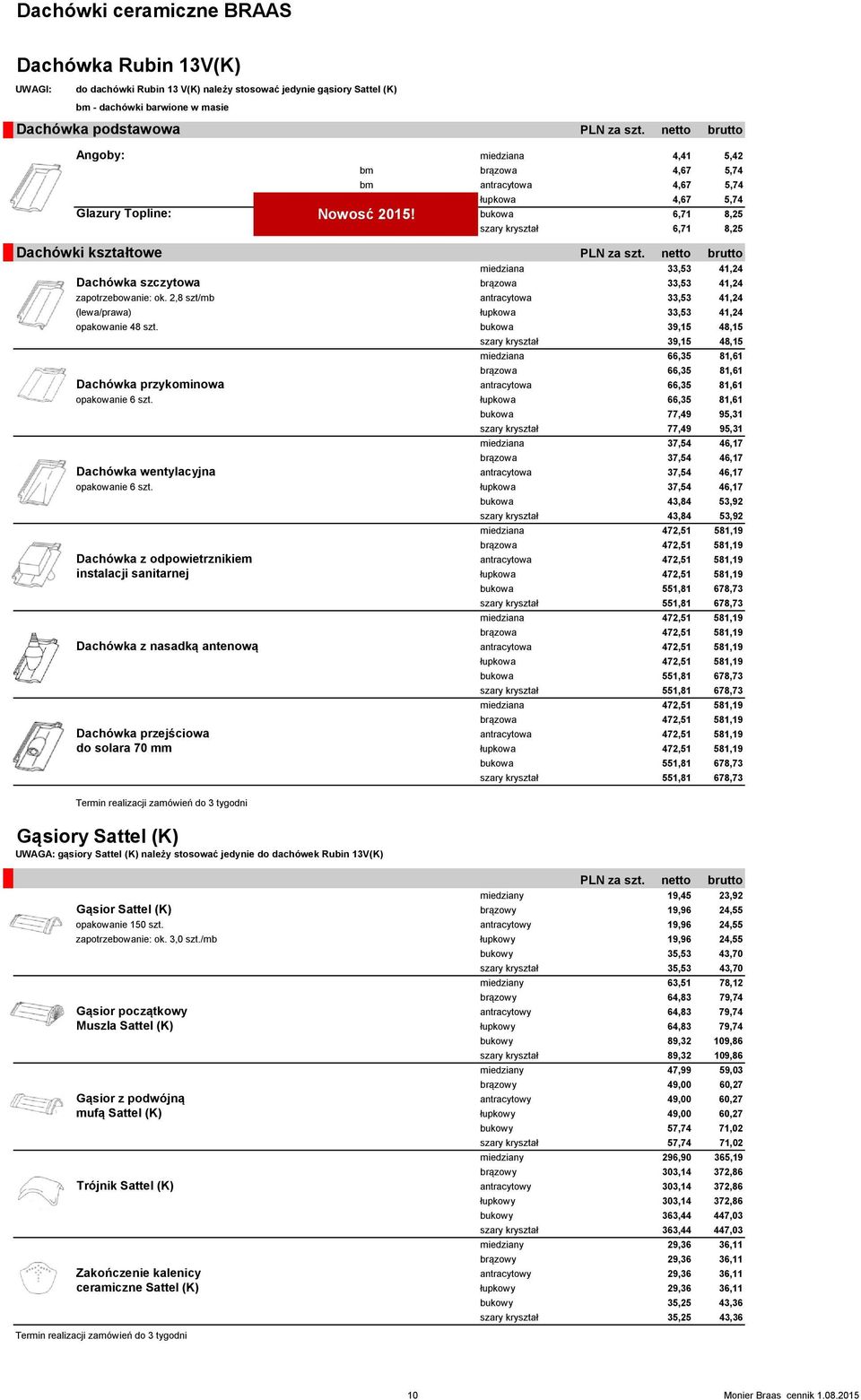 bukowa 6,71 8,25 szary kryształ 6,71 8,25 Dachówki kształtowe PLN za szt. netto brutto miedziana 33,53 41,24 Dachówka szczytowa brązowa 33,53 41,24 zapotrzebowanie: ok.