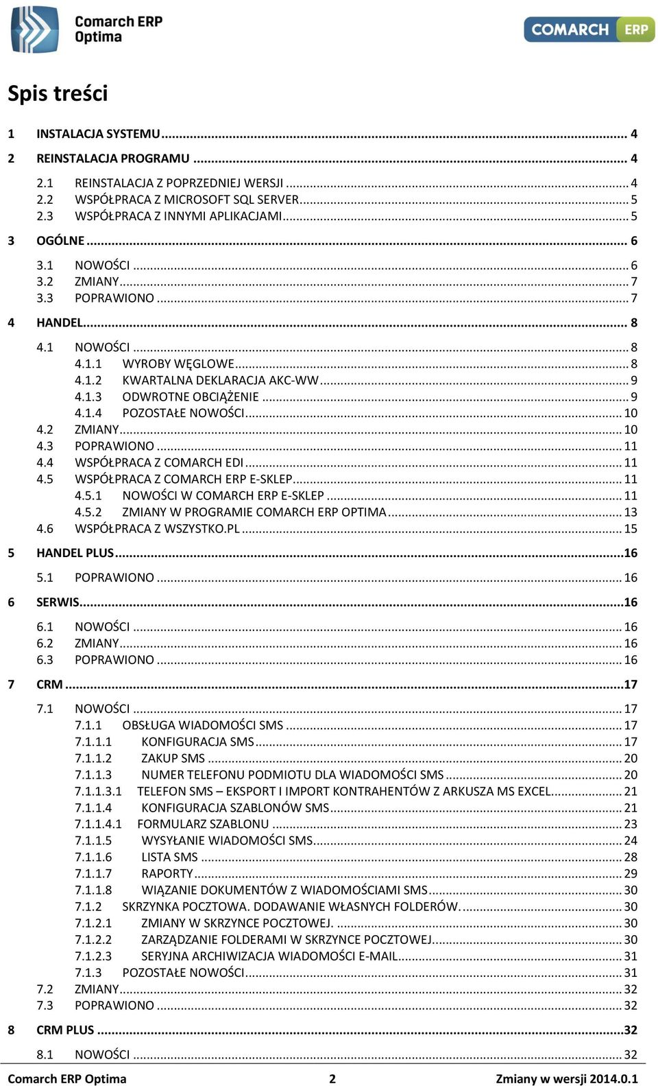 .. 10 4.2 ZMIANY... 10 4.3 POPRAWIONO... 11 4.4 WSPÓŁPRACA Z COMARCH EDI... 11 4.5 WSPÓŁPRACA Z COMARCH ERP E-SKLEP... 11 4.5.1 NOWOŚCI W COMARCH ERP E-SKLEP... 11 4.5.2 ZMIANY W PROGRAMIE COMARCH ERP OPTIMA.