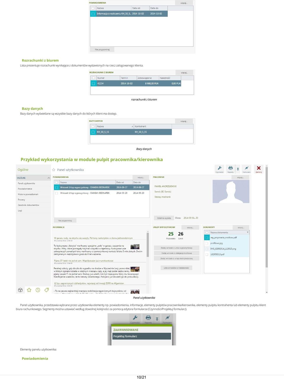 rozrachunki z biurem Bazy danych Przykład wykorzystania w module pulpit pracownika/kierownika Panel użytkownika Panel użytkownika, przedstawia wybrane przez użytkownika