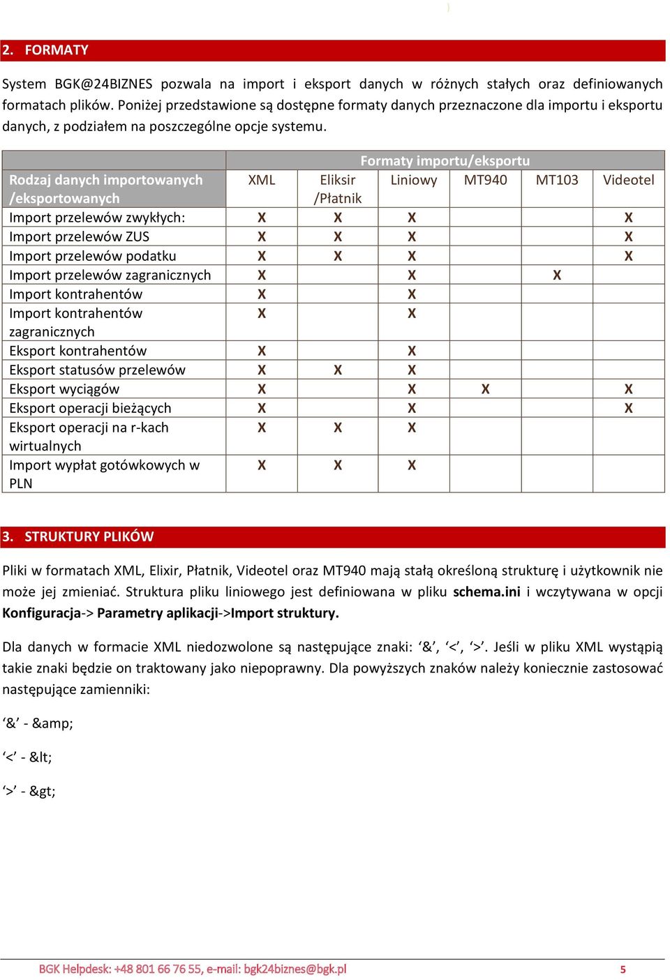 Formaty importu/eksportu Rodzaj danych importowanych XML Eliksir Liniowy MT940 MT103 Videotel /eksportowanych /Płatnik Import przelewów zwykłych: X X X X Import przelewów ZUS X X X X Import przelewów