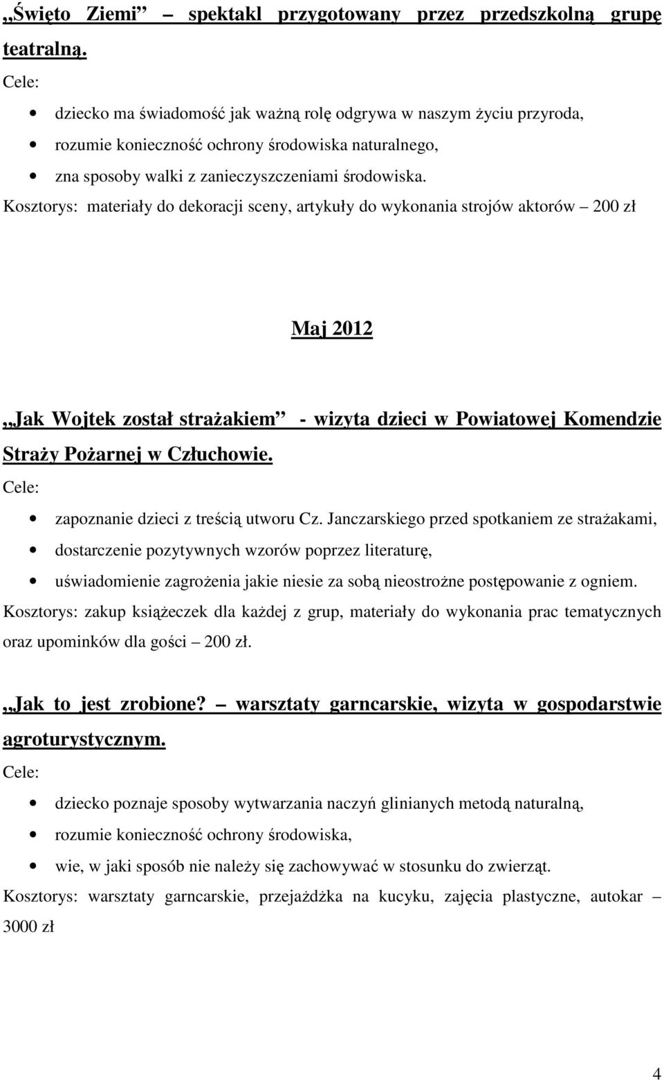 Kosztorys: materiały do dekoracji sceny, artykuły do wykonania strojów aktorów 200 zł Maj 2012 Jak Wojtek został strażakiem - wizyta dzieci w Powiatowej Komendzie Straży Pożarnej w Człuchowie.