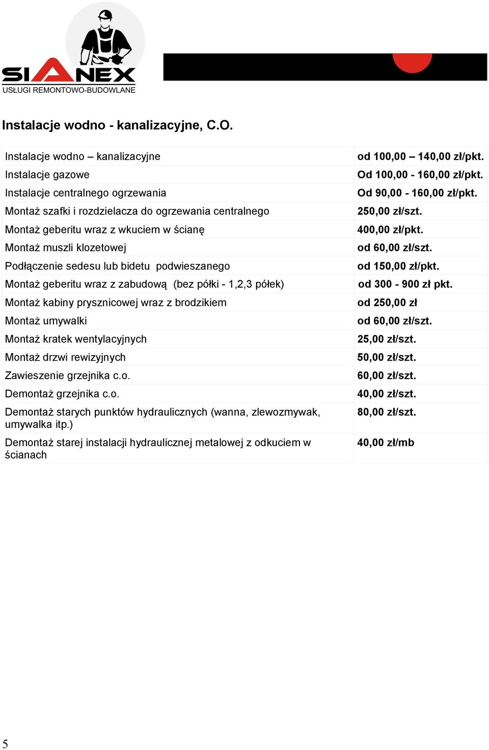 klozetowej Podłączenie sedesu lub bidetu podwieszanego Montaż geberitu wraz z zabudową (bez półki - 1,2,3 półek) Montaż kabiny prysznicowej wraz z brodzikiem Montaż umywalki Montaż kratek