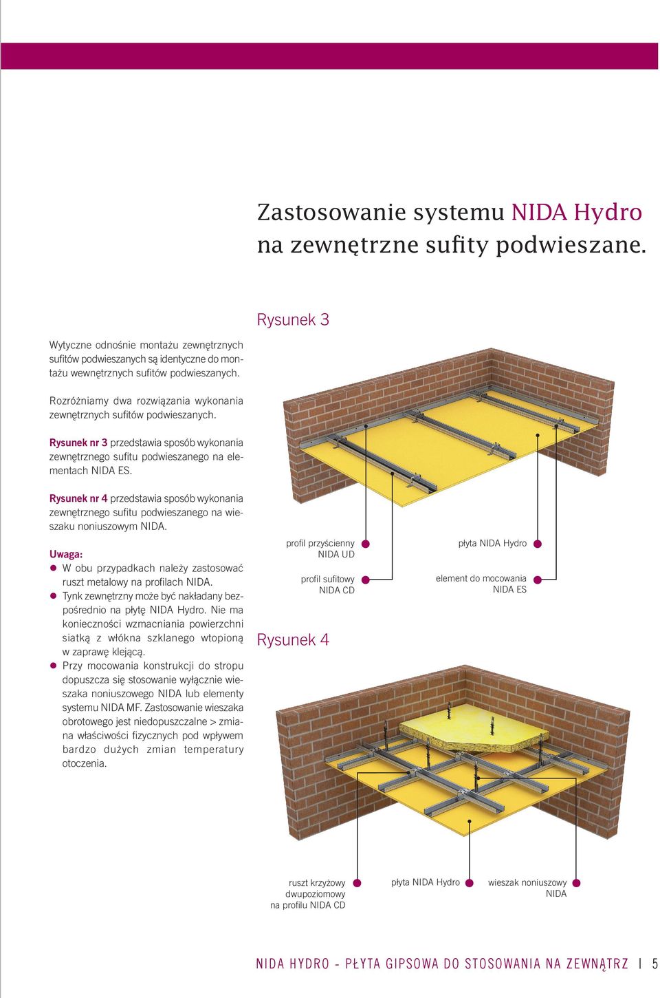 Rysunek nr 4 przedstawia sposób wykonania zewnętrznego sufitu podwieszanego na wieszaku noniuszowym NIDA. Uwaga: W obu przypadkach należy zastosować ruszt metalowy na profilach NIDA.