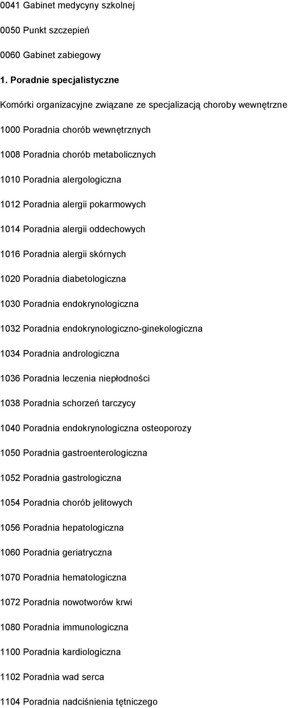 Poradnia alergii pokarmowych 1014 Poradnia alergii oddechowych 1016 Poradnia alergii skórnych 1020 Poradnia diabetologiczna 1030 Poradnia endokrynologiczna 1032 Poradnia