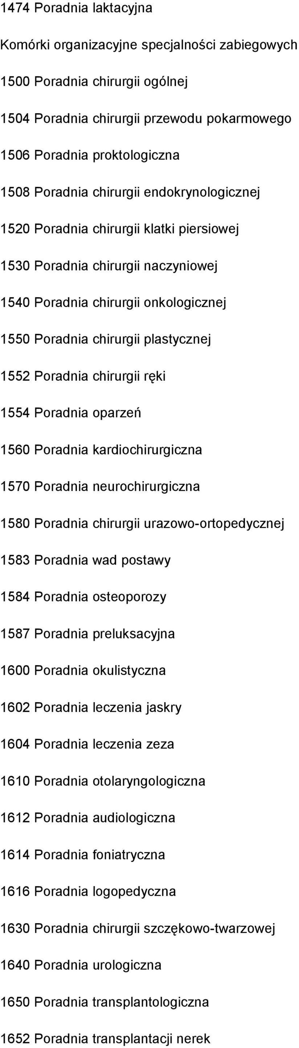 chirurgii ręki 1554 Poradnia oparzeń 1560 Poradnia kardiochirurgiczna 1570 Poradnia neurochirurgiczna 1580 Poradnia chirurgii urazowo-ortopedycznej 1583 Poradnia wad postawy 1584 Poradnia osteoporozy