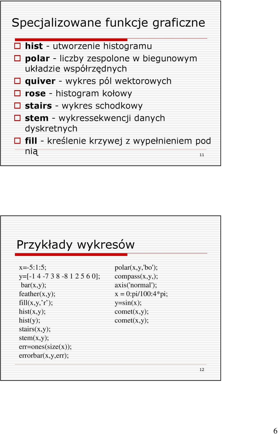 pod nią 11 Przykłady wykresów x=-5:1:5; y=[-1 4-7 3 8-8 1 2 5 6 0]; bar(x,y); feather(x,y); fill(x,y, r ); hist(x,y); hist(y); stairs(x,y);