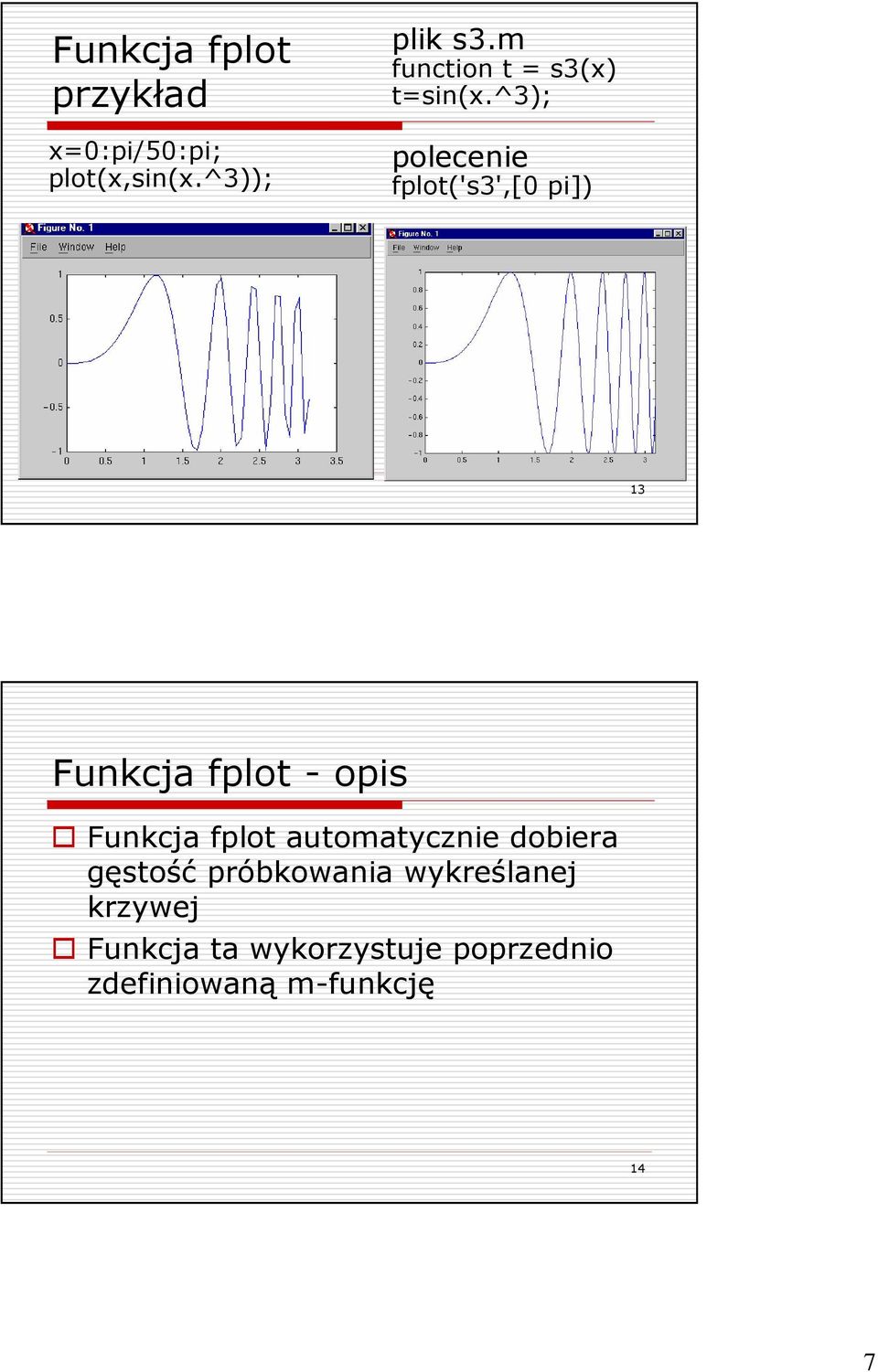 ^3); polecenie fplot('s3',[0 pi]) 13 Funkcja fplot - opis Funkcja fplot