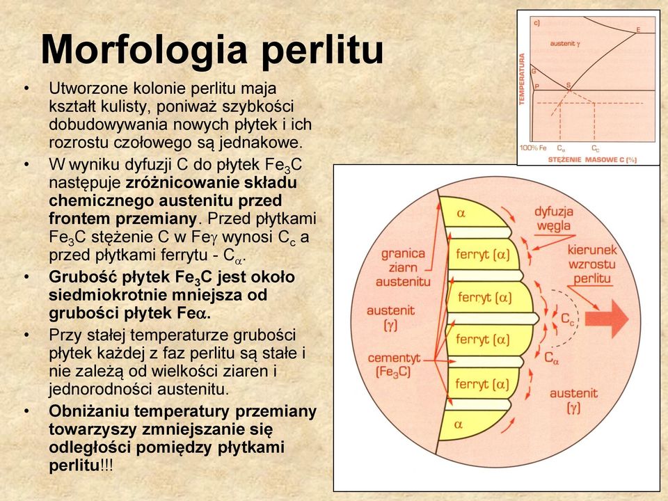 Przed płytkami Fe 3 C stężenie C w Fe wynosi C c a przed płytkami ferrytu - C. Grubość płytek Fe 3 C jest około siedmiokrotnie mniejsza od grubości płytek Fe.