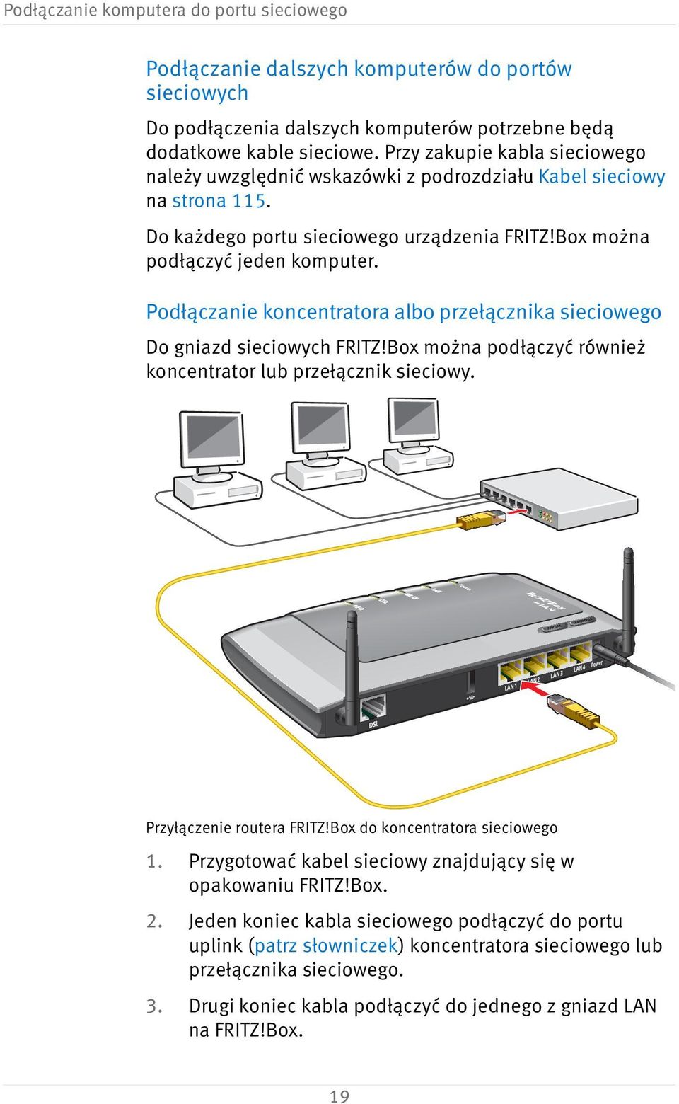 Podłączanie koncentratora albo przełącznika sieciowego Do gniazd sieciowych FRITZ!Box można podłączyć również koncentrator lub przełącznik sieciowy. Przyłączenie routera FRITZ!