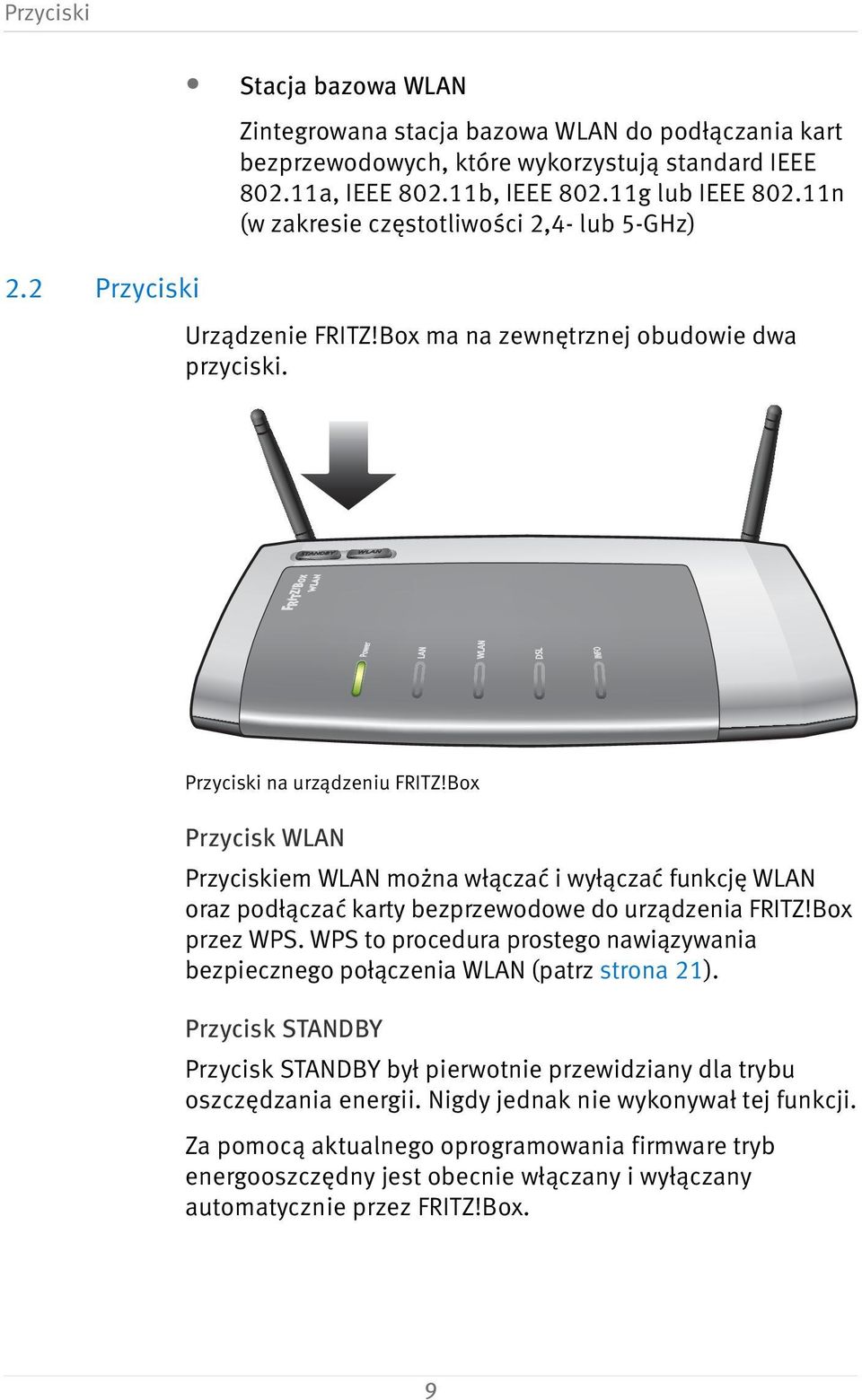 Box Przycisk WLAN Przyciskiem WLAN można włączać i wyłączać funkcję WLAN oraz podłączać karty bezprzewodowe do urządzenia FRITZ!Box przez WPS.