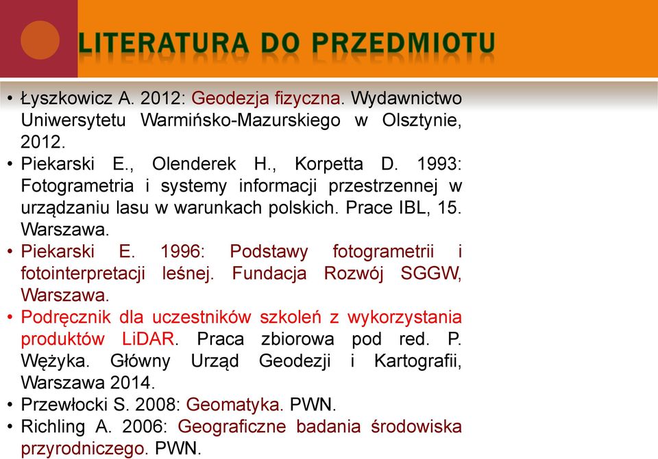 1996: Podstawy fotogrametrii i fotointerpretacji leśnej. Fundacja Rozwój SGGW, Warszawa. Podręcznik dla uczestników szkoleń z wykorzystania produktów LiDAR.