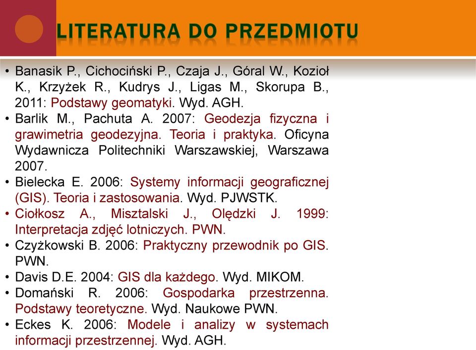2006: Systemy informacji geograficznej (GIS). Teoria i zastosowania. Wyd. PJWSTK. Ciołkosz A., Misztalski J., Olędzki J. 1999: Interpretacja zdjęć lotniczych. PWN. Czyżkowski B.
