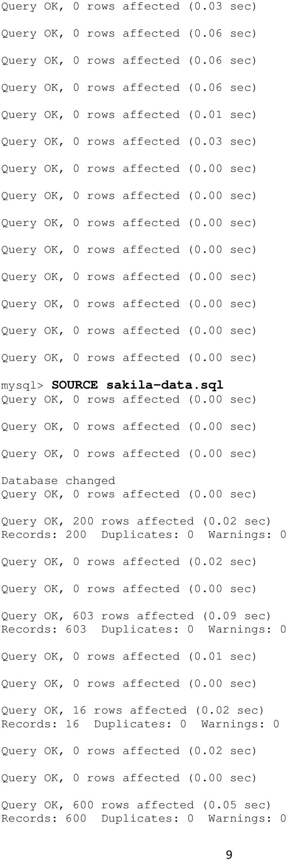 02 sec) Query OK, 603 rows affected (0.09 sec) Records: 603 Duplicates: 0 Warnings: 0 Query OK, 0 rows affected (0.