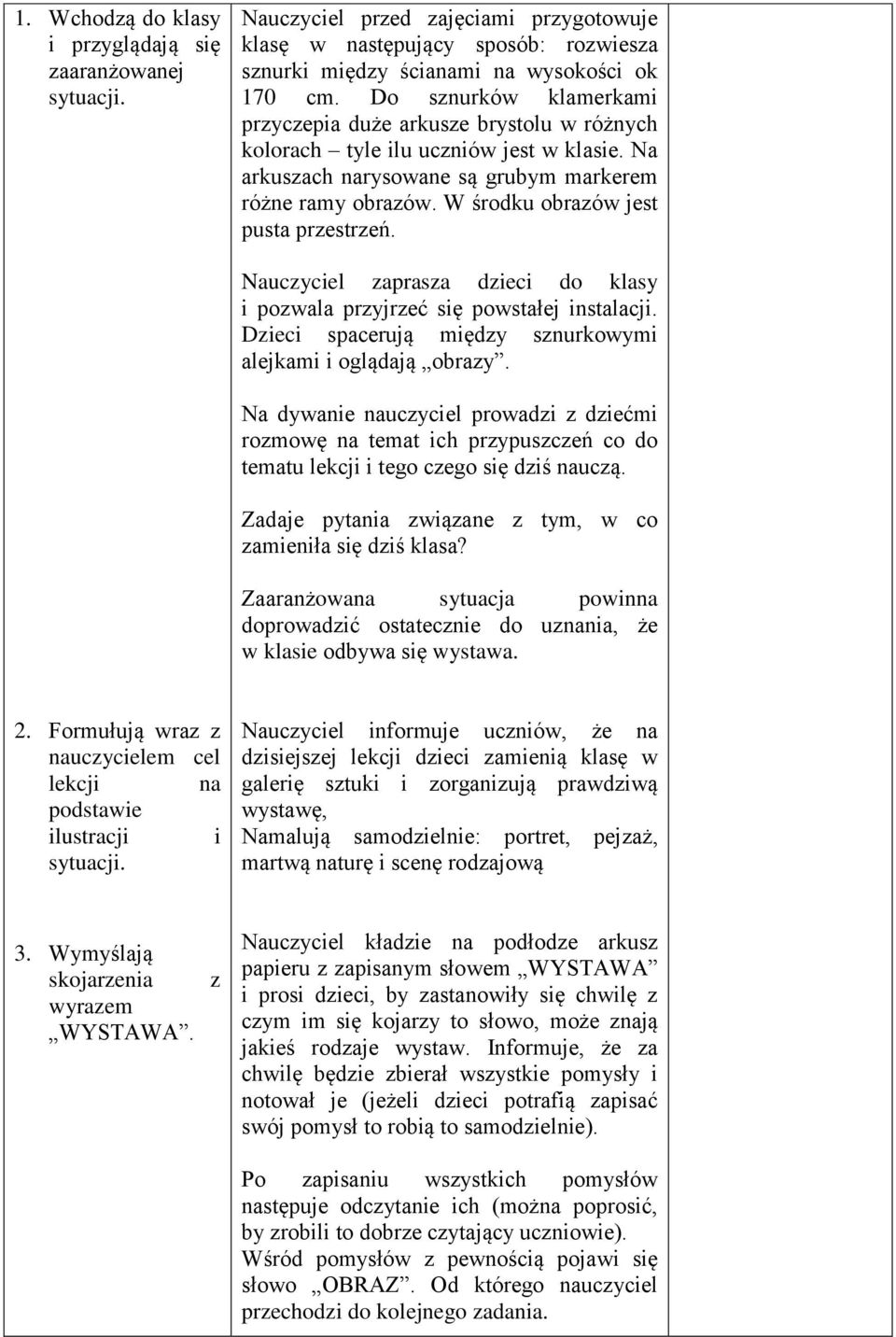 W środku obrazów jest pusta przestrzeń. Nauczyciel zaprasza dzieci do klasy i pozwala przyjrzeć się powstałej instalacji. Dzieci spacerują między sznurkowymi alejkami i oglądają obrazy.