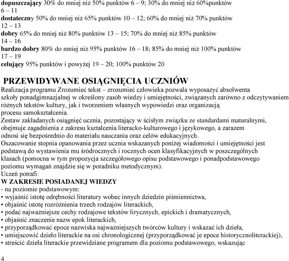 OSIĄGNIĘCIA UCZNIÓW Realizacja programu Zrozumieć tekst zrozumieć człowieka pozwala wyposażyć absolwenta szkoły ponadgimnazjalnej w określony zasób wiedzy i umiejętności, związanych zarówno z