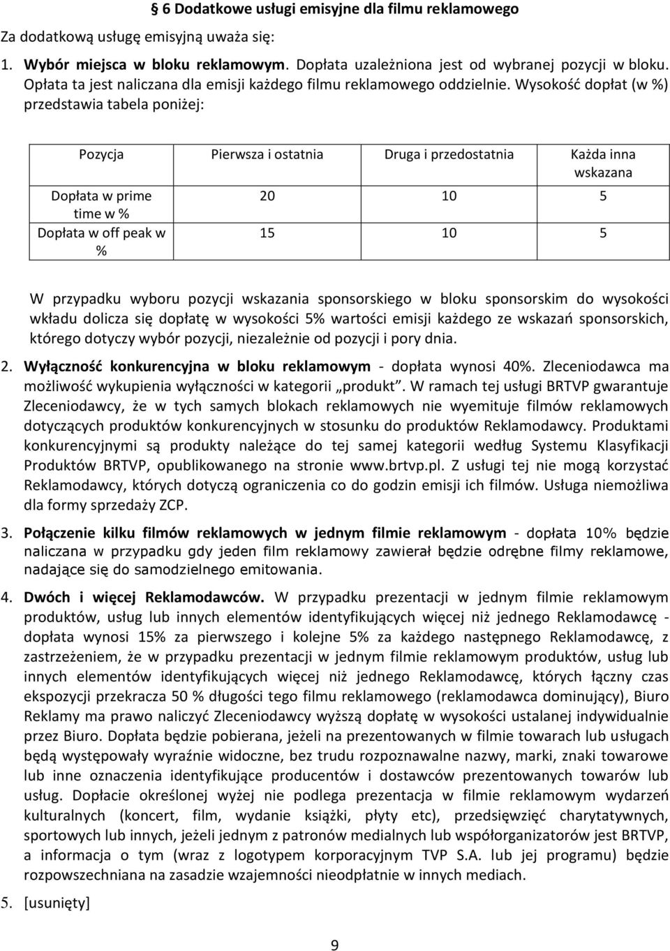 Wysokość dopłat (w %) przedstawia tabela poniżej: Pozycja Pierwsza i ostatnia Druga i przedostatnia Każda inna wskazana Dopłata w prime time w % Dopłata w off peak w % 20 10 5 15 10 5 W przypadku