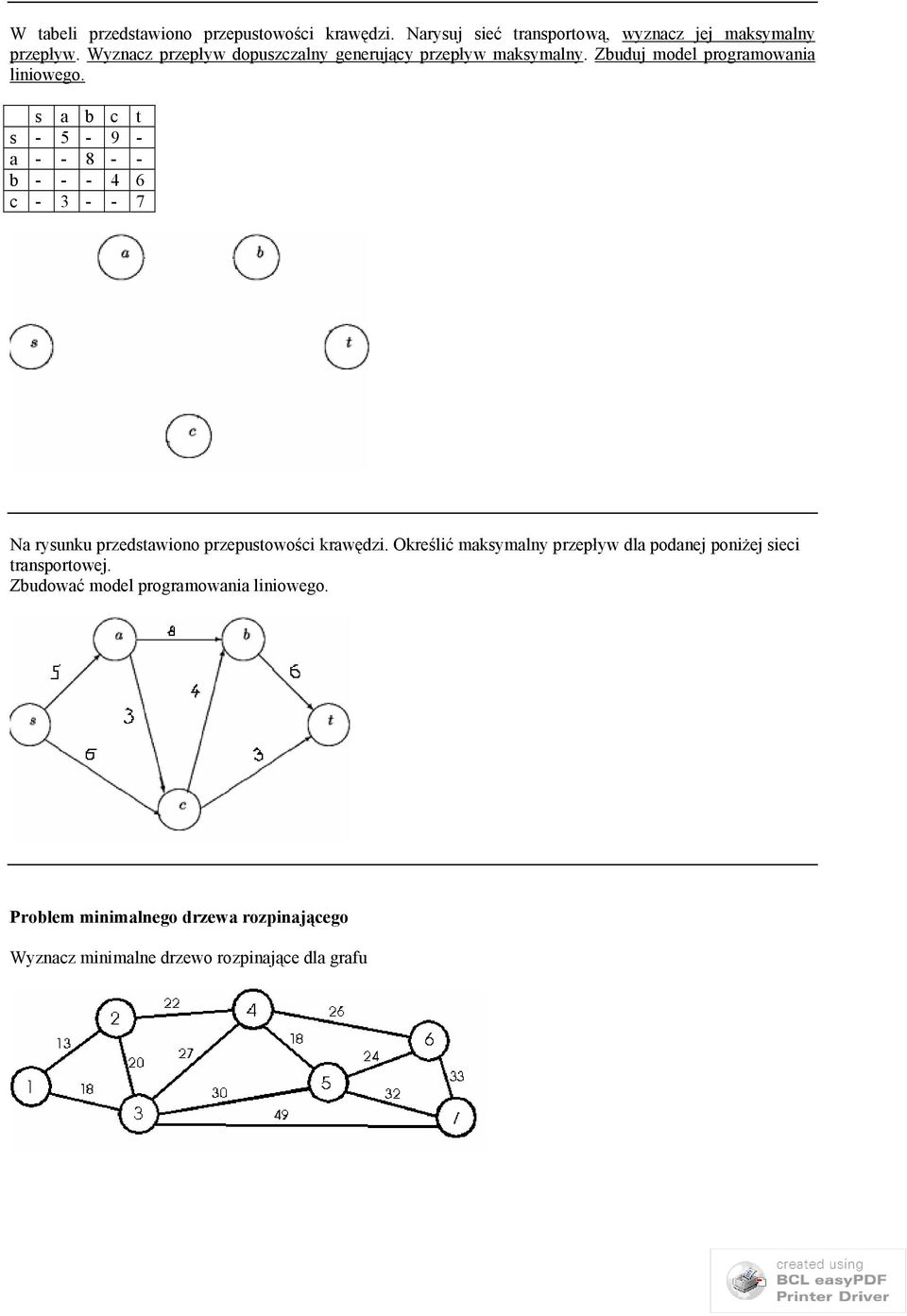 s a b c t s - 5-9 - a - - 8 - - b - - - 4 6 c - 3 - - 7 Na rysunku przedstawiono przepustowości krawędzi.