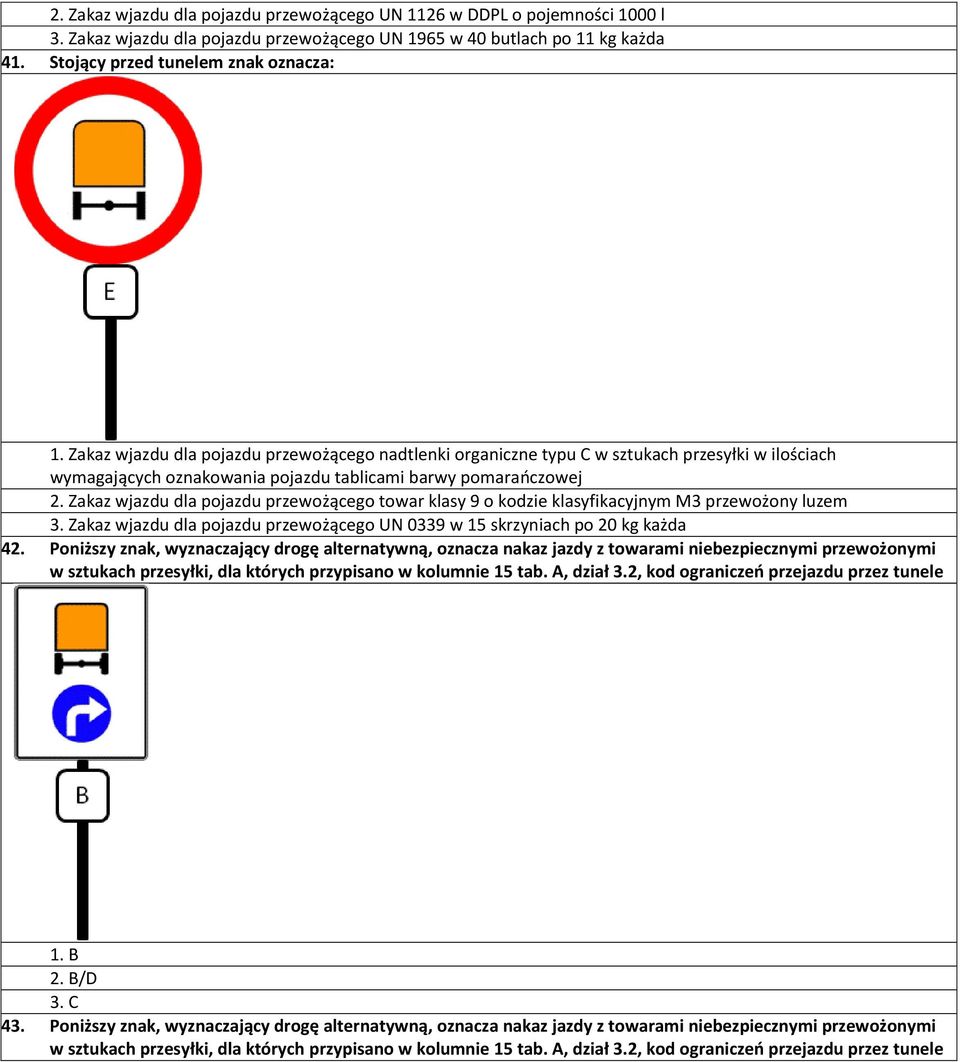 Zakaz wjazdu dla pojazdu przewożącego towar klasy 9 o kodzie klasyfikacyjnym M3 przewożony luzem 3. Zakaz wjazdu dla pojazdu przewożącego UN 0339 w 15 skrzyniach po 20 kg każda 42.