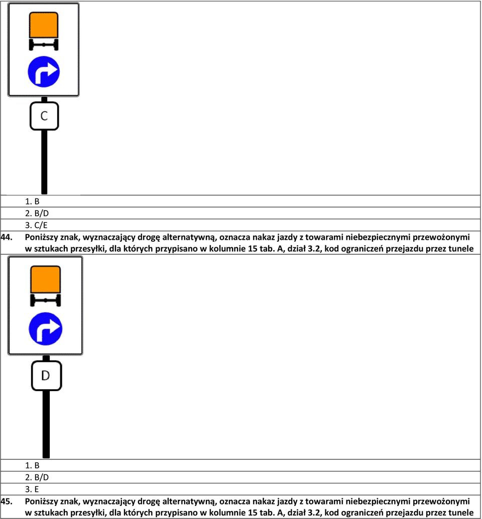 przesyłki, dla których przypisano w kolumnie 15 tab. A, dział 3.2, kod ograniczeń przejazdu przez tunele 1. B 2. B/D 3.