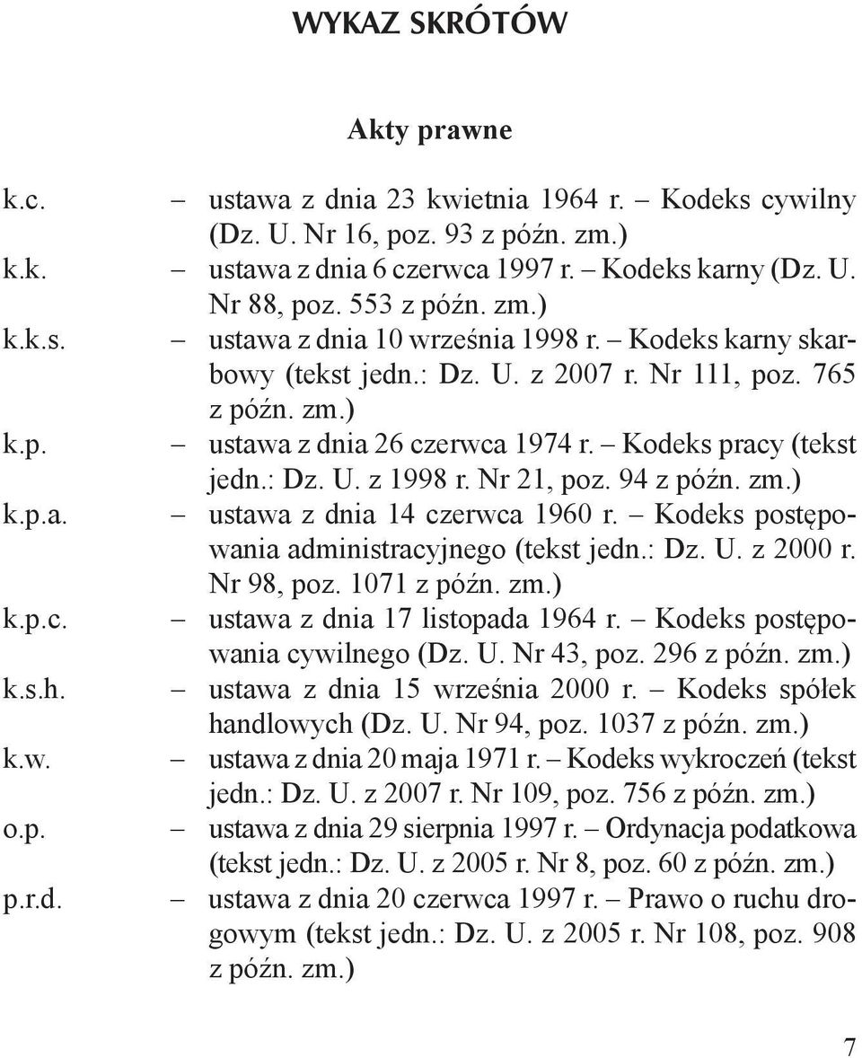 Nr 21, poz. 94 z późn. zm.) k.p.a. ustawa z dnia 14 czerwca 1960 r. Kodeks postępowania administracyjnego (tekst jedn.: Dz. U. z 2000 r. Nr 98, poz. 1071 z późn. zm.) k.p.c. ustawa z dnia 17 listopada 1964 r.
