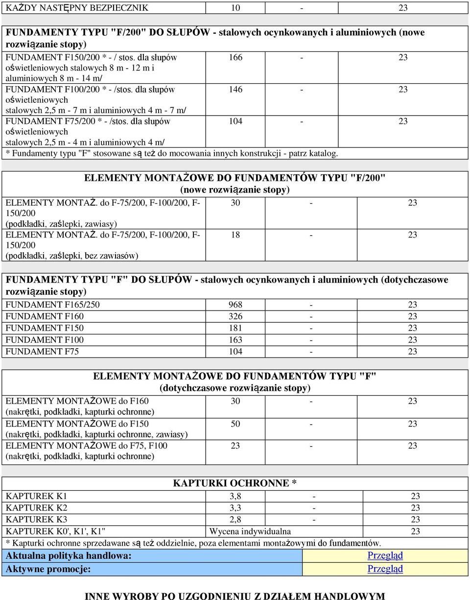 dla słupów 104-23 stalowych 2,5 m - 4 m i aluminiowych 4 m/ * Fundamenty typu "F" stosowane są też do mocowania innych konstrukcji - patrz katalog.