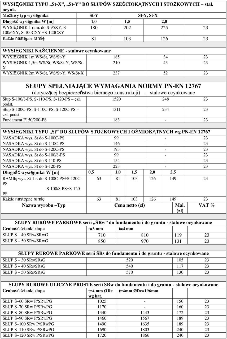 WS/St-Y, WS/St- 210 43 23 X WYSIĘGNIK 2m WS/St, WS/St-Y, WS/St-X 237 52 23 SŁUPY SPEŁNIAJĄCE WYMAGANIA NORMY PN-EN 12767 (dotyczącej bezpieczeństwa biernego konstrukcji) - stalowe ocynkowane Słup