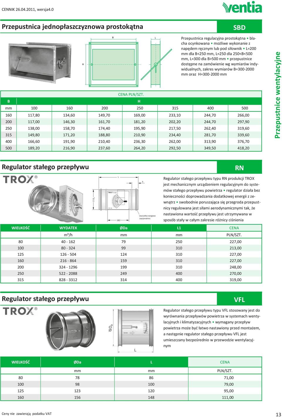 zamówienie wg wymiarów indywidualnych, zakres wymiarów B=300 2000 mm oraz H=300 2000 mm mm 100 160 200 250 315 400 500 160 117,80 134,60 149,70 169,00 233,10 244,70 266,00 200 117,00 146,30 161,70