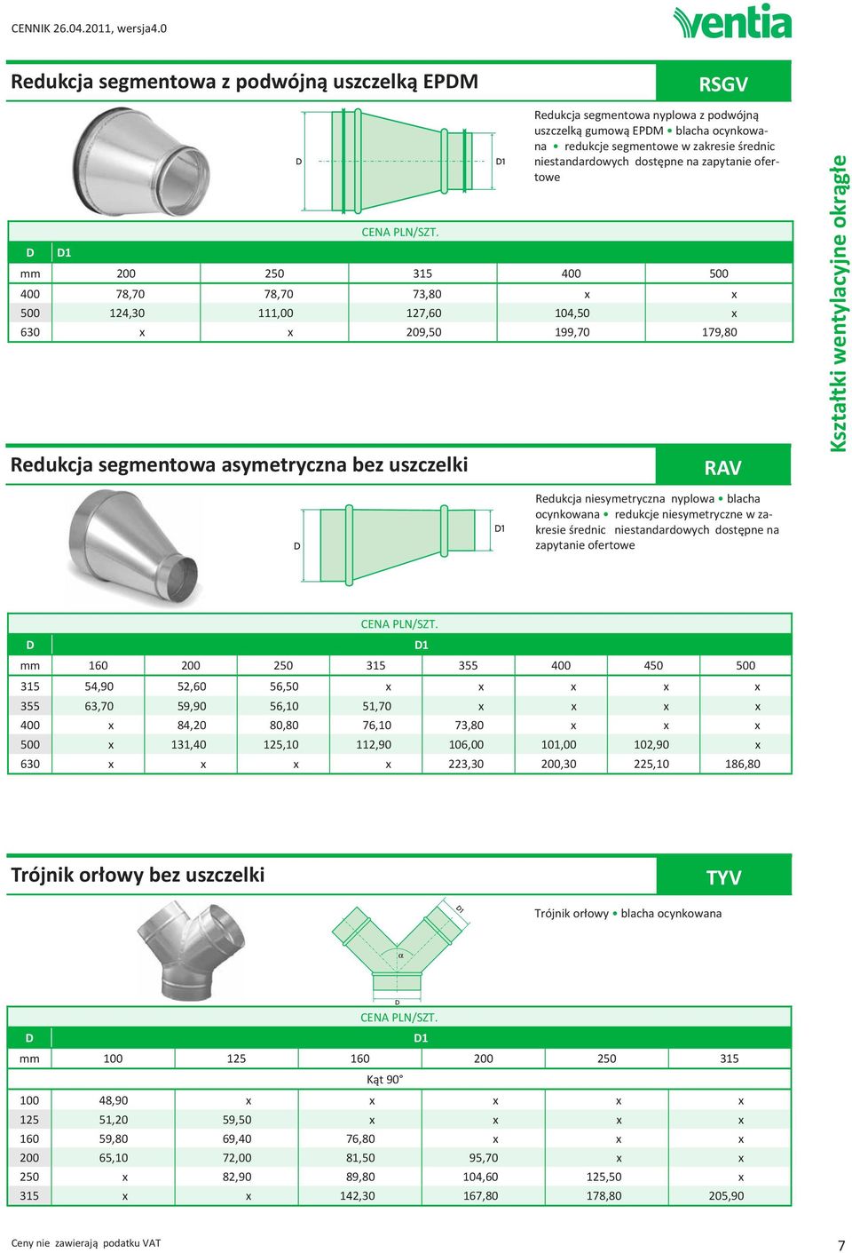 zapytanie ofertowe mm 200 250 315 400 500 400 78,70 78,70 73,80 x x 500 124,30 111,00 127,60 104,50 x 630 x x 209,50 199,70 179,80 RAV Kształtki wentylacyjne okrągłe Redukcja niesymetryczna nyplowa