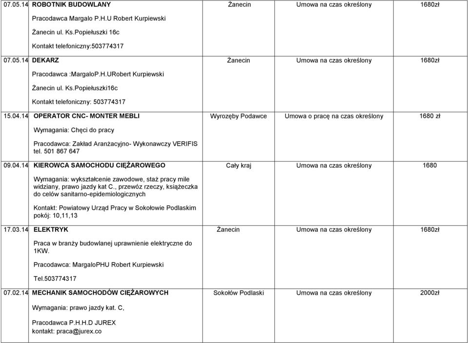 14 OPERATOR CNC- MONTER MEBLI Wyrozęby Podawce Umowa o pracę na czas określony 1680 zł Wymagania: Chęci do pracy Pracodawca: Zakład Aranżacyjno- Wykonawczy VERIFIS tel. 501 867 647 09.04.