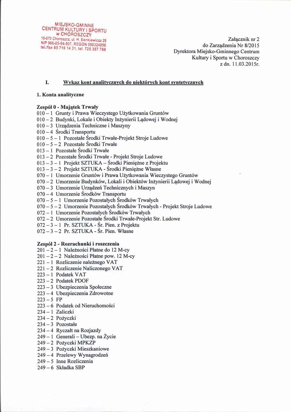 1 0-4 Środki Transportu 010-5-1 Pozostałe Środki Trwałe-Projekt Stroje Ludowe 010-5-2 Pozostałe Środki Trwałe 013-1 Pozostałe Środki Trwałe 013-2 Pozostałe Środki Trwałe - Projekt Stroje Ludowe