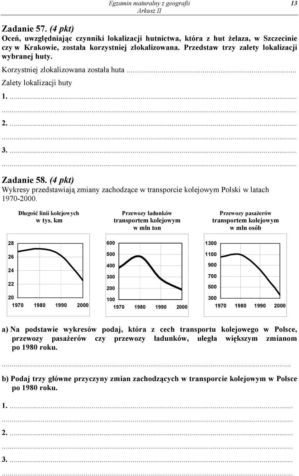 (4 pkt) Wykresy przedstawiają zmiany zachodzące w transporcie kolejowym Polski w latach 1970-2000. Długość linii kolejowych w tys.