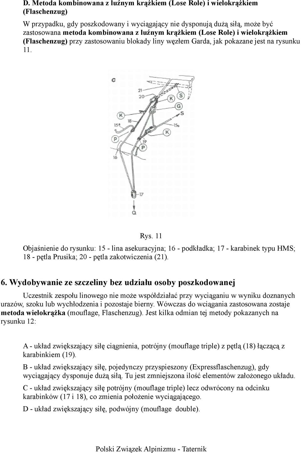 11 Objaśnienie do rysunku: 15 - lina asekuracyjna; 16 - podkładka; 17 - karabinek typu HMS; 18 - pętla Prusika; 20 - pętla zakotwiczenia (21). 6.