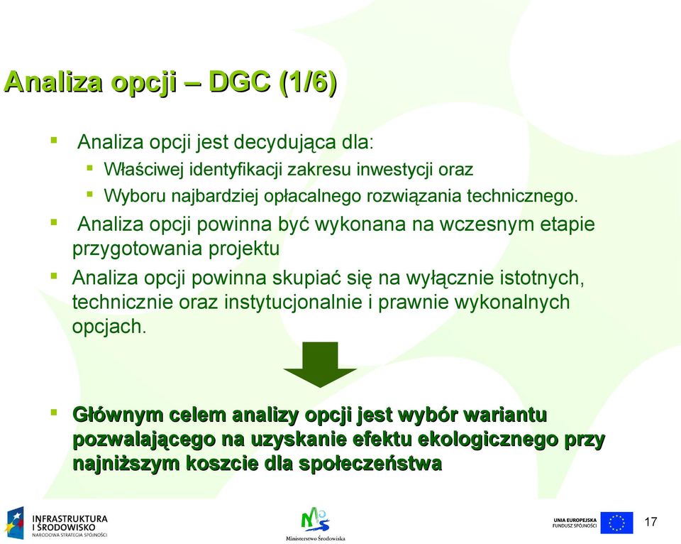 Analiza opcji powinna być wykonana na wczesnym etapie przygotowania projektu Analiza opcji powinna skupiać się na wyłącznie