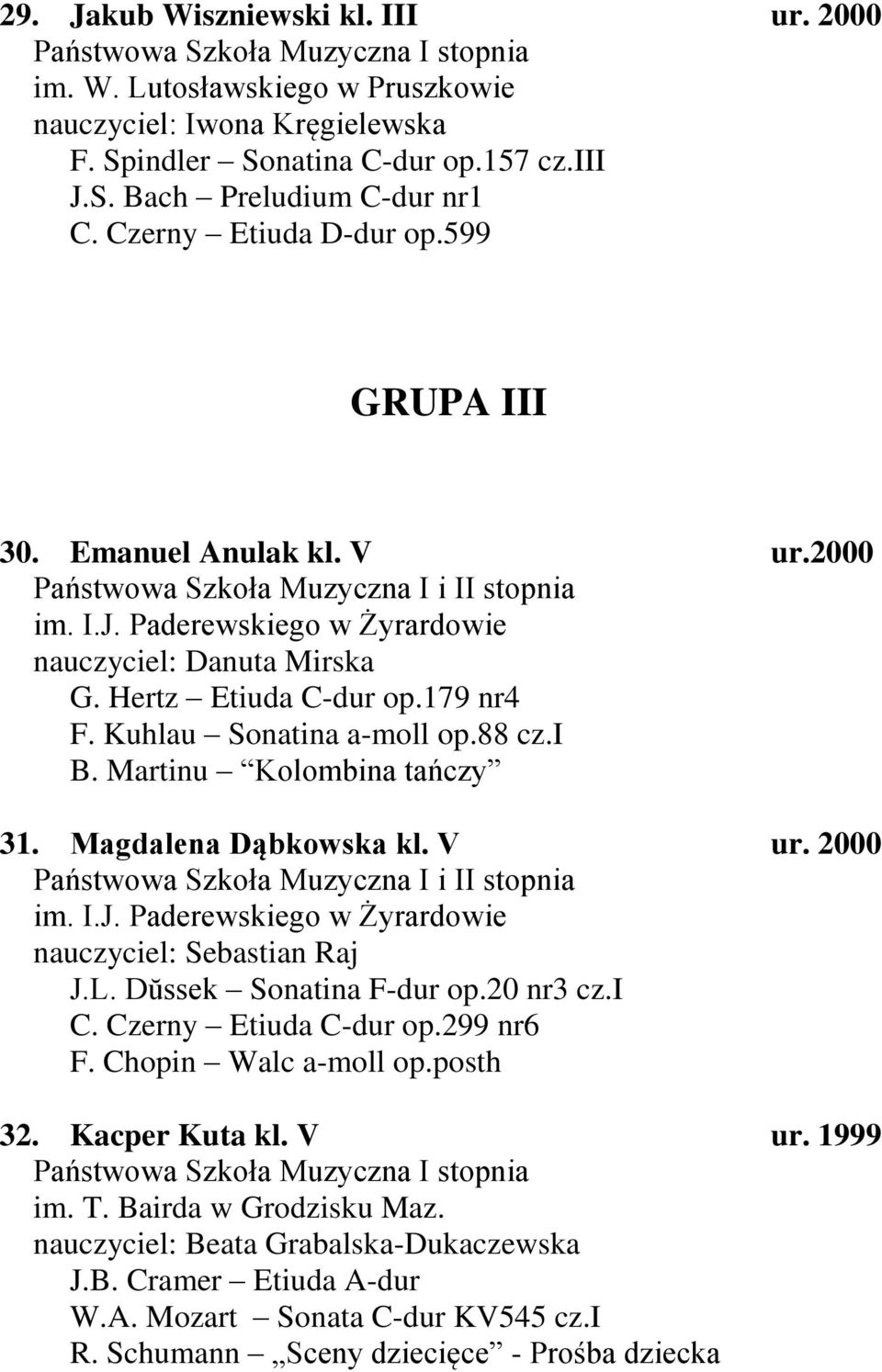 Martinu Kolombina tańczy 31. Magdalena Dąbkowska kl. V ur. 2000 nauczyciel: Sebastian Raj J.L. Dŭssek Sonatina F-dur op.20 nr3 cz.i C. Czerny Etiuda C-dur op.299 nr6 F.