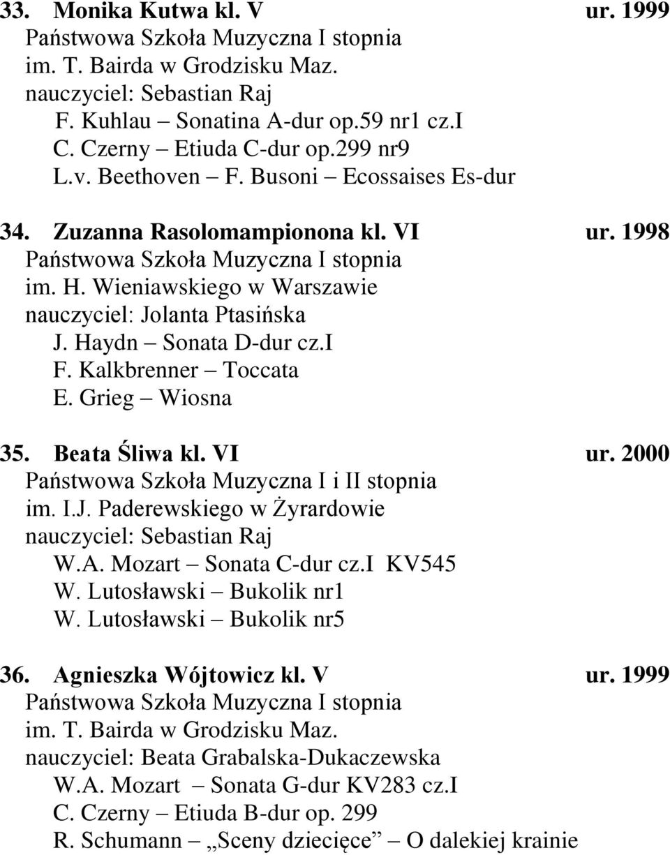 Kalkbrenner Toccata E. Grieg Wiosna 35. Beata Śliwa kl. VI ur. 2000 nauczyciel: Sebastian Raj W.A. Mozart Sonata C-dur cz.i KV545 W. Lutosławski Bukolik nr1 W.